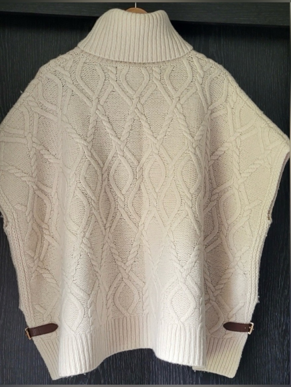 Max Studio wool Cream Cable Knit cowl neck Turtleneck Poncho with Buckle Tabs